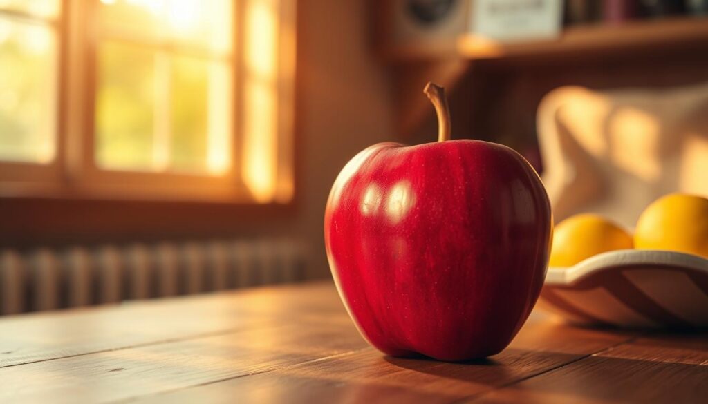 A still life composition depicting a ripe, red apple on a wooden table, illuminated by warm, natural light streaming in from a nearby window. The apple is the focal point, its shiny surface capturing the play of light and shadow. The background is softly blurred, creating a sense of depth and emphasizing the apple's prominence. The overall mood is one of tranquility and simplicity, inviting the viewer to consider the role of this everyday fruit within the context of a healthy, balanced diet.