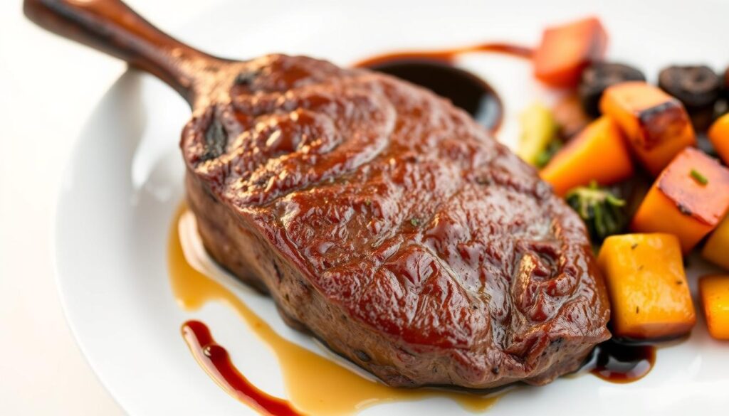 A succulent, pan-seared liver dish carefully plated against a crisp white background, with a side of roasted vegetables and a drizzle of balsamic reduction. Warm, golden lighting casts an inviting glow, highlighting the rich, velvety texture of the liver. The composition is balanced, with the liver as the focal point, surrounded by complementary elements that showcase its nutritional value and culinary appeal on a diet.