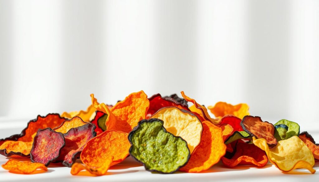 A tantalizing array of baked vegetable crisps, arranged artfully against a minimalist backdrop. Soft natural lighting illuminates the vibrant colors and delicate textures, showcasing their healthier alternative to traditional potato chips. The scene evokes a sense of balance and moderation, hinting at the possibility of enjoying snacks while maintaining a nutritious diet. The overall composition conveys a message of mindful indulgence, inviting the viewer to reconsider their preconceptions about the role of such treats within a wellness-focused lifestyle.