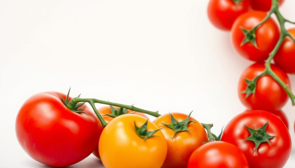 A vibrant, appetizing scene of freshly picked tomatoes against a bright, airy background. The tomatoes, in various stages of ripeness, are positioned prominently in the foreground, their vibrant red and yellow hues pop against the clean, neutral backdrop. Soft, diffused lighting gently illuminates the scene, highlighting the tomatoes' smooth, glossy texture and natural sheen. The composition is balanced, with the tomatoes arranged in an aesthetically pleasing manner, inviting the viewer to consider their suitability for a healthy, calorie-conscious diet. The overall mood is one of freshness, healthiness, and the versatility of the humble tomato.