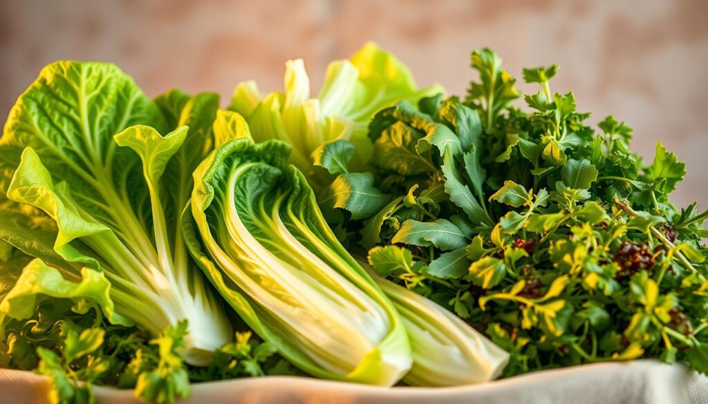 A vibrant array of lettuce varieties, including crisp romaine, silky butterhead, and peppery arugula, arranged against a soft, natural backdrop. Warm, golden lighting casts a cozy glow, highlighting the diverse textures and shades of green. The composition is balanced, with the greens taking center stage, inviting the viewer to explore the nuanced flavors and nutritional benefits of these versatile salad ingredients.