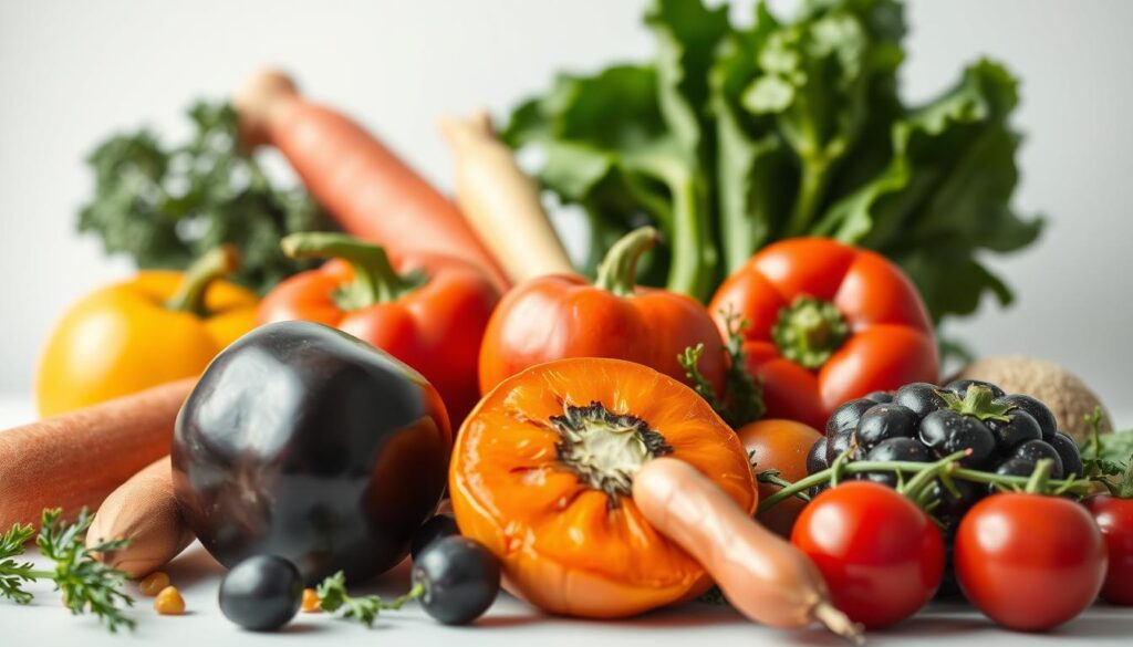 A vibrant close-up of a selection of fresh, colorful vegetables and fruits against a clean, white background. The produce appears crisp and nourishing, with rich hues of green, red, orange, and purple. The arrangement is carefully composed, with the items strategically placed to create a sense of balance and harmony. Soft, natural lighting illuminates the scene, casting gentle shadows and highlighting the intricate textures of the organic subjects. The overall mood is one of purity, health, and the simple pleasures of wholesome, unprocessed sustenance.