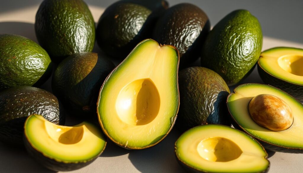 A vibrant, close-up photograph of an avocado halved to reveal its creamy green flesh, surrounded by a selection of whole and sliced avocados in various stages of ripeness. The avocados are lit from the side, casting soft shadows and highlighting their smooth, glossy skin. The image has a clean, minimalist composition, with the avocados taking up the majority of the frame and a plain, neutral background. The lighting is natural and diffused, creating a warm, inviting atmosphere that emphasizes the health benefits of this nutrient-dense superfood.