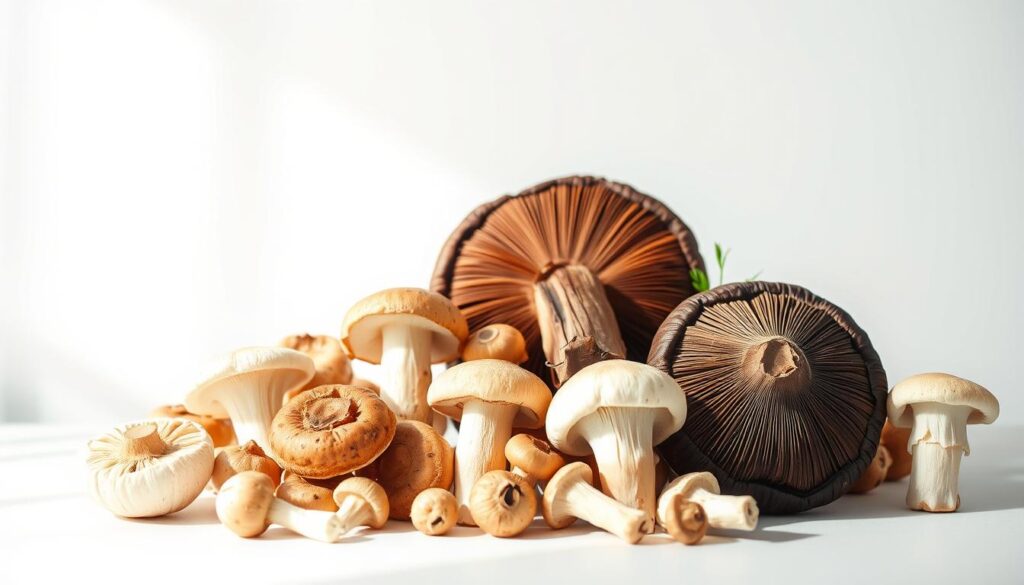 A vibrant composition showcasing a variety of fresh mushrooms against a clean, minimalist backdrop. The mushrooms are arranged artfully, capturing their diverse shapes, textures, and colors - from delicate oyster mushrooms to robust portobello caps. Soft, directional lighting illuminates the scene, casting gentle shadows and highlighting the natural beauty of the fungi. The overall mood is one of simplicity and health, inviting the viewer to consider the nutritional merits of incorporating these versatile ingredients into a balanced diet. The image should convey a sense of culinary potential and nutritional value, without any distracting elements.