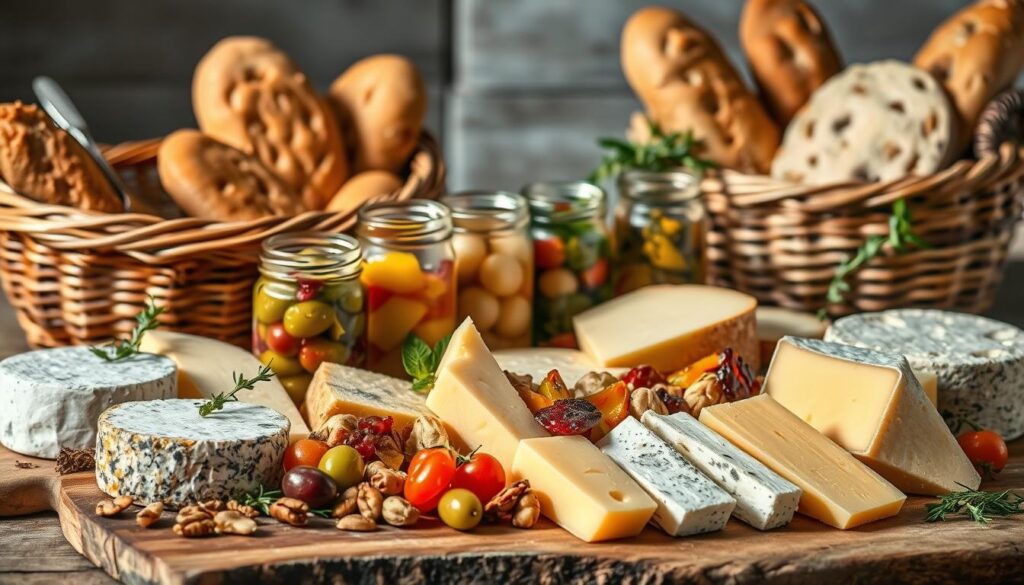 A vibrant still life composition showcasing an array of artisanal cheese varieties. In the foreground, a selection of gourmet cheeses in various shapes, textures, and hues are arranged on a rustic wooden board, complemented by sprigs of fresh herbs, toasted nuts, and dried fruit. The middle ground features a trio of glass jars filled with pickled vegetables, olives, and chutneys, creating a visually appealing contrast. In the background, a woven basket overflows with fresh-baked bread and crusty baguettes, evoking the ambiance of a European market. The scene is illuminated by soft, natural lighting, casting gentle shadows and highlights to accentuate the rich colors and tactile qualities of the cheeses and accoutrements. The overall composition conveys a sense of artisanal craftsmanship, culinary expertise, and the joy of sharing a diverse selection of high-quality cheese varieties.