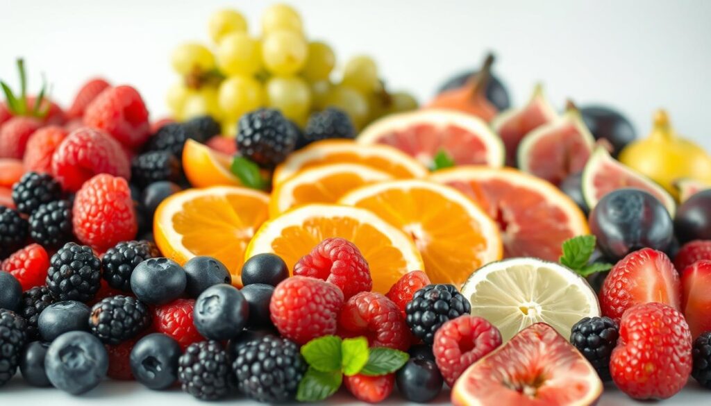 A vibrant still life depicting a variety of healthy fruits suitable for a diet, captured in soft, natural lighting. In the foreground, a selection of colorful berries - plump blueberries, juicy raspberries, and succulent blackberries - arranged artfully. In the middle ground, a mix of sliced citrus fruits - bright orange wedges, glistening lemon slices, and tangy grapefruit segments - complementing the berries. In the background, a cluster of crisp, green grapes and a handful of fresh figs complete the nutritious display, all set against a plain, neutral backdrop to allow the vibrant hues of the ripe, flavorful fruits to shine.