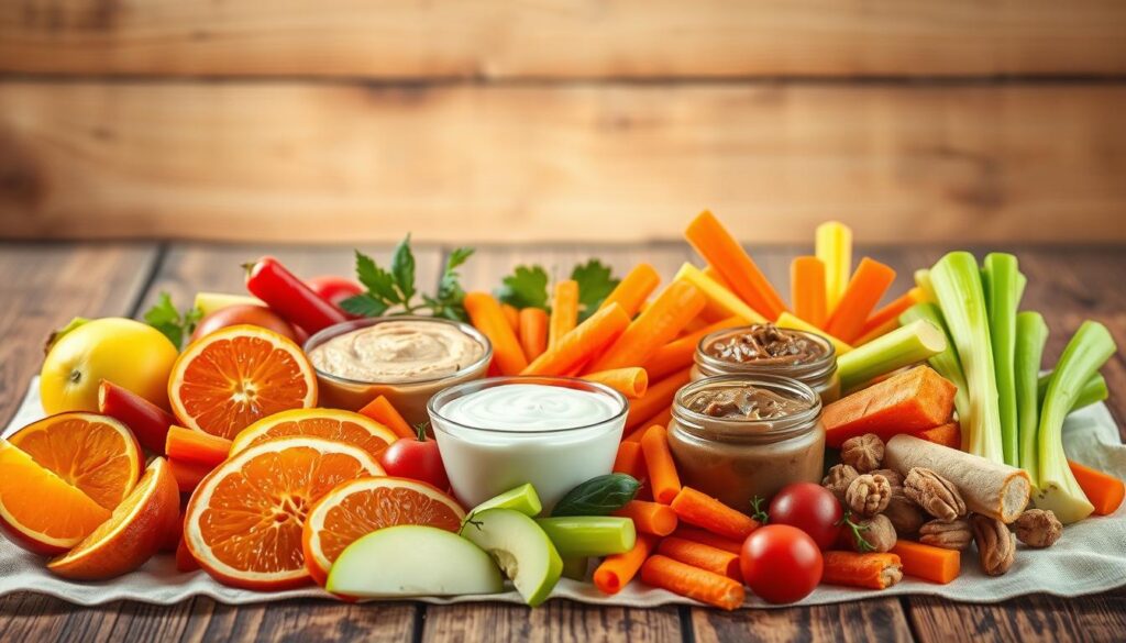 A vibrant still life showcasing an array of healthy snack alternatives. In the foreground, an assortment of fresh fruits and vegetables - crisp apple slices, juicy orange wedges, colorful carrot sticks, and crunchy celery stalks. The middle ground features a selection of nutritious dips and spreads, such as creamy hummus, tangy yogurt-based dip, and savory nut butters. The background depicts a rustic wooden table with a natural linen cloth, casting a warm, inviting glow. The lighting is soft and diffused, highlighting the vibrant colors and textures of the healthy snacks. The overall composition conveys a sense of balance, wellness, and a desire to explore flavorful, wholesome alternatives to traditional unhealthy snacks.