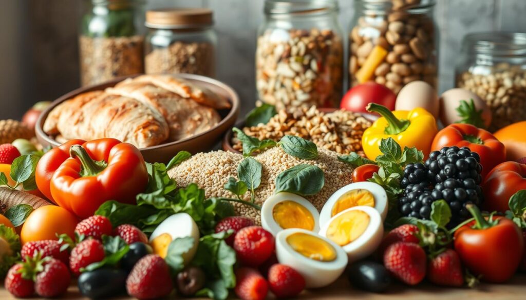 A vibrant still life showcasing an assortment of healthy diet-friendly foods. In the foreground, a variety of fresh fruits and vegetables are arranged artfully - juicy berries, crisp greens, and colorful peppers. In the middle ground, a selection of whole grains like quinoa and bulgur, alongside lean protein sources such as grilled chicken and hard-boiled eggs. The background features glass jars filled with nuts, seeds, and legumes. Soft, natural lighting emanates from the side, casting gentle shadows and highlighting the textures of the produce. The overall composition conveys a sense of balance, wholesomeness, and the abundance of nutritious options available for a healthy diet.