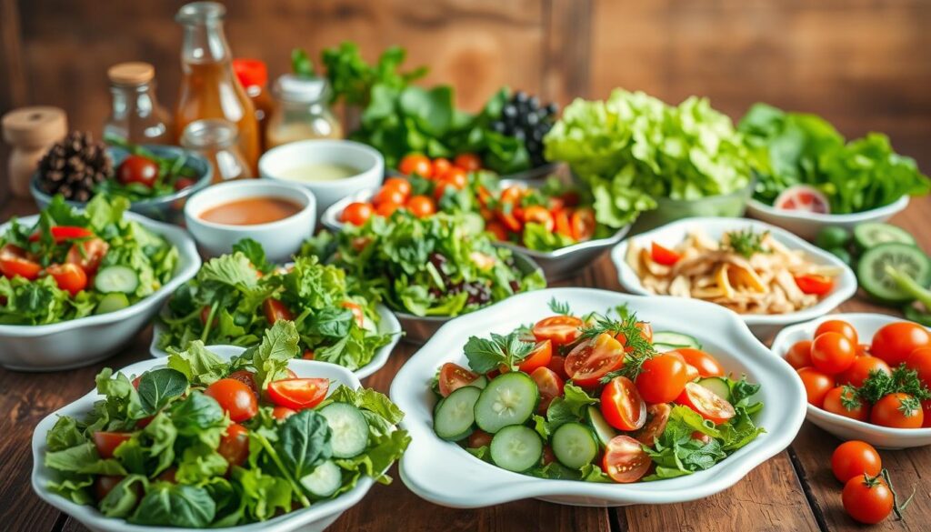 A visually appetizing scene of various fresh salad recipes, beautifully presented on a rustic wooden table. In the foreground, a colorful assortment of leafy greens, tomatoes, cucumbers, and other vibrant vegetables are artfully arranged in white ceramic serving dishes. The midground features a selection of salad dressings, herbs, and garnishes, creating a harmonious composition. The background depicts a warm, natural lighting, casting a gentle glow and highlighting the textures and colors of the ingredients. The overall mood is one of simplicity, health, and culinary delight, perfectly capturing the essence of the "Recipes with Salad in the Lead Role" section.