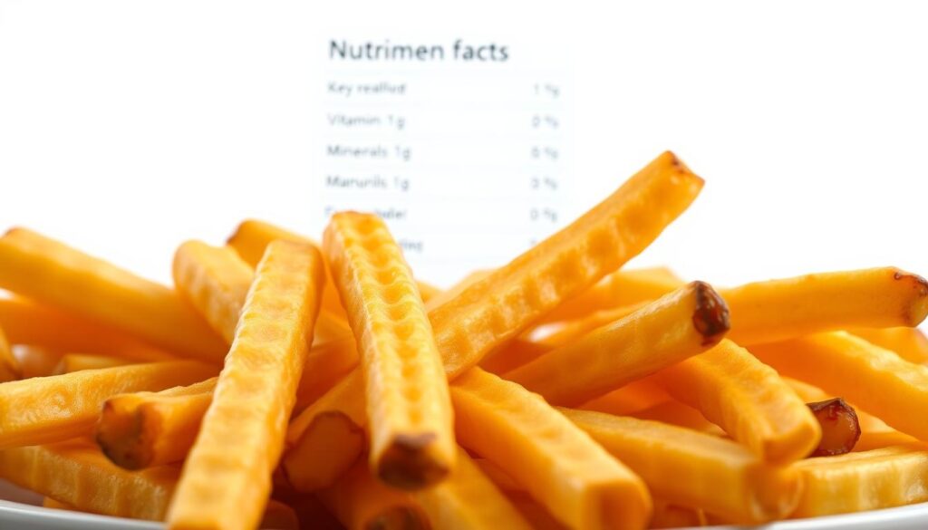 A well-lit, detailed view of a plate of golden-brown french fries, capturing their tempting texture and enticing appearance. The fries are arranged in a visually appealing manner, showcasing their distinct ridges and glistening surface. In the background, a clean, minimalist backdrop allows the nutritional information to take center stage, highlighting the key vitamins, minerals, and macronutrients that can be found in these popular snack foods. The overall scene conveys a sense of culinary appeal while providing valuable insights into the nutritional profile of french fries, inviting the viewer to reconsider their preconceptions about this classic dish.