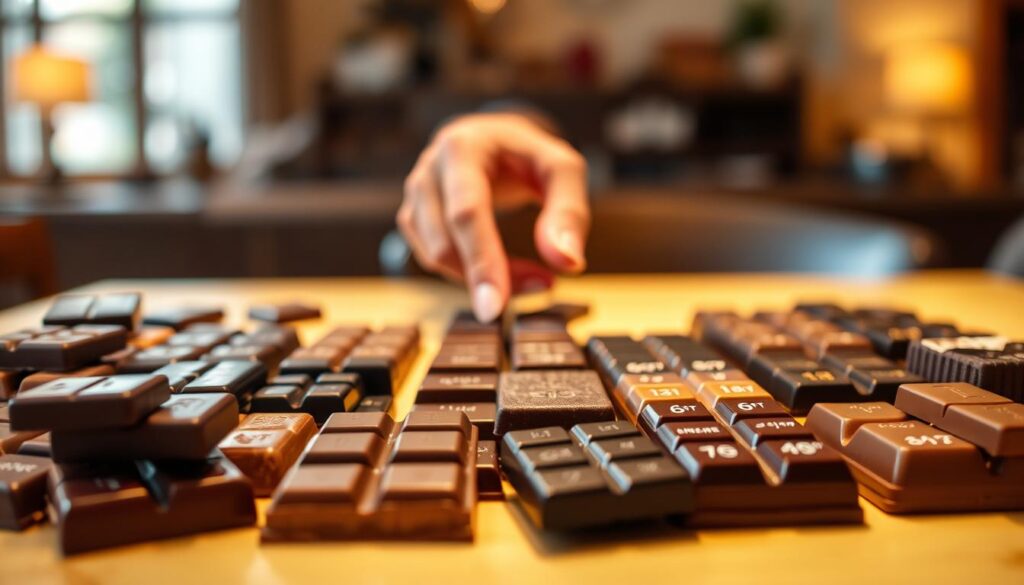 A well-lit table with an assortment of various chocolate bars arranged in the foreground, showcasing their diverse shapes, textures, and cacao percentages. In the middle ground, a hand is reaching out to select a bar, indicating the process of choosing the right chocolate. The background is softly blurred, creating a sense of focus on the chocolates. The lighting is warm and inviting, highlighting the rich, glossy appearance of the chocolate. The overall mood is one of thoughtful consideration and appreciation for the nuances of chocolate selection.