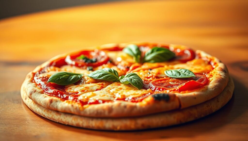Delectable thin-crust pizza, adorned with vibrant tomato sauce, golden melted cheese, and fresh basil leaves, resting atop a crisp, golden-brown base. The scene is bathed in warm, natural lighting, casting a soft, inviting glow and creating a sense of balance and harmony. The pizza is positioned in the foreground, the focal point, with a blurred, neutral background adding depth and emphasis to the main subject. The overall composition exudes a sense of moderation, health, and a thoughtful approach to indulgence, reflecting the concepts of "pizza on a diet" and "can you eat pizza and not gain weight?"