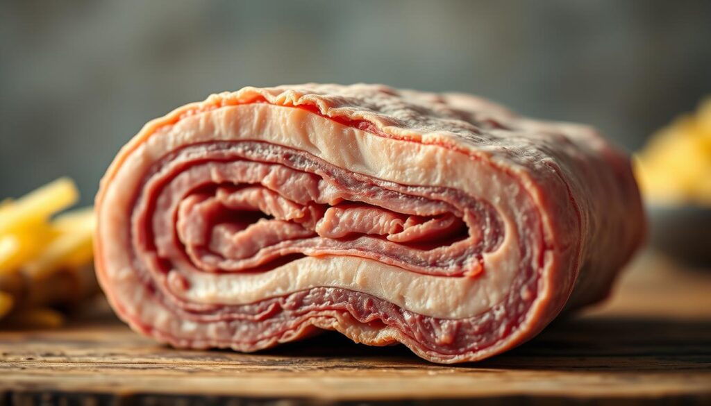 Detailed cross-section of beef tripe, showcasing its nutritional value. Vibrant, realistic rendering with high-resolution textures and accurate anatomical details. Soft, diffused lighting from the side illuminates the layers of the tripe, highlighting its intricate structure and unique texture. Crisp focus on the central portion, gradually transitioning to a slight blur in the background. Neutral, earthy color palette complements the natural appearance of the subject matter. Conveys the hearty, wholesome nature of this traditional ingredient in a visually appealing and informative manner.