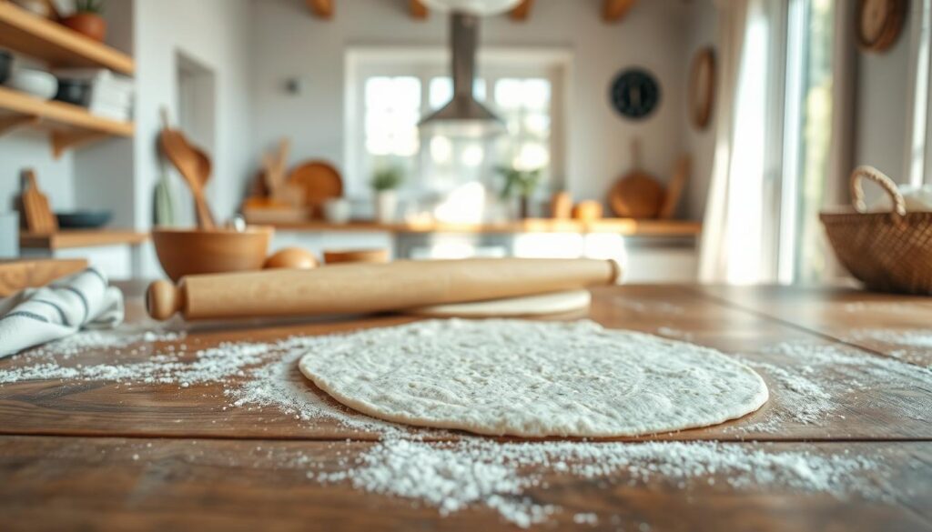 Detailed step-by-step process for making a tortilla from scratch, showcased in a clean, professional-style image. A wooden surface in the foreground features fresh tortilla dough being kneaded, with a rolling pin, flour, and other preparation tools arranged around it. In the middle ground, the dough is being stretched and shaped into a round tortilla, capturing the manual technique. The background shows a bright, airy kitchen with natural light streaming in, creating a warm, inviting atmosphere. The lighting is soft and even, highlighting the textures of the ingredients and equipment. The overall composition conveys a sense of homemade, artisanal preparation of this classic Mexican flatbread.