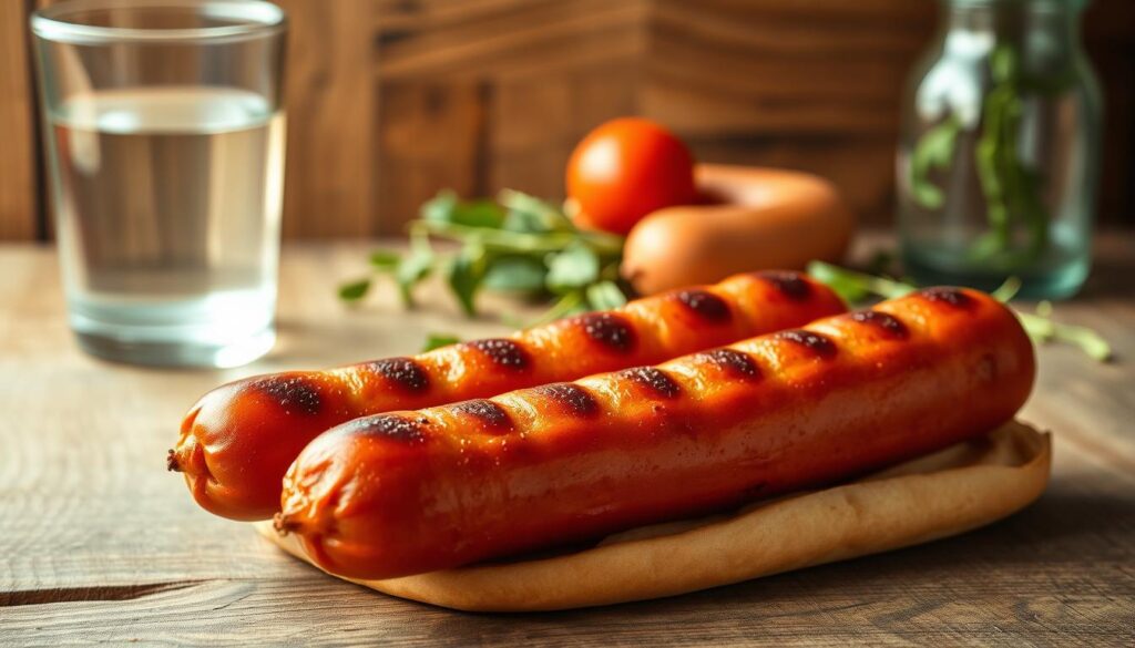 High quality, detailed photograph of a pair of freshly prepared, all-natural hot dogs (parówki) on a rustic wooden surface, with no visible preservatives or additives. The hot dogs are shown in the foreground, glistening with a slightly charred exterior, nestled on a bed of fresh, high-quality buns. The middle ground features a simple, uncluttered setup with a glass of water and a few sprigs of greenery, conveying a sense of health and purity. The background is softly blurred, allowing the focus to remain on the natural, preservative-free hot dogs as the main subject. Warm, natural lighting casts a gentle glow, highlighting the simple, wholesome qualities of the dish. The overall mood is clean, fresh, and appetizing, reflecting the article's focus on healthy sausage options.
