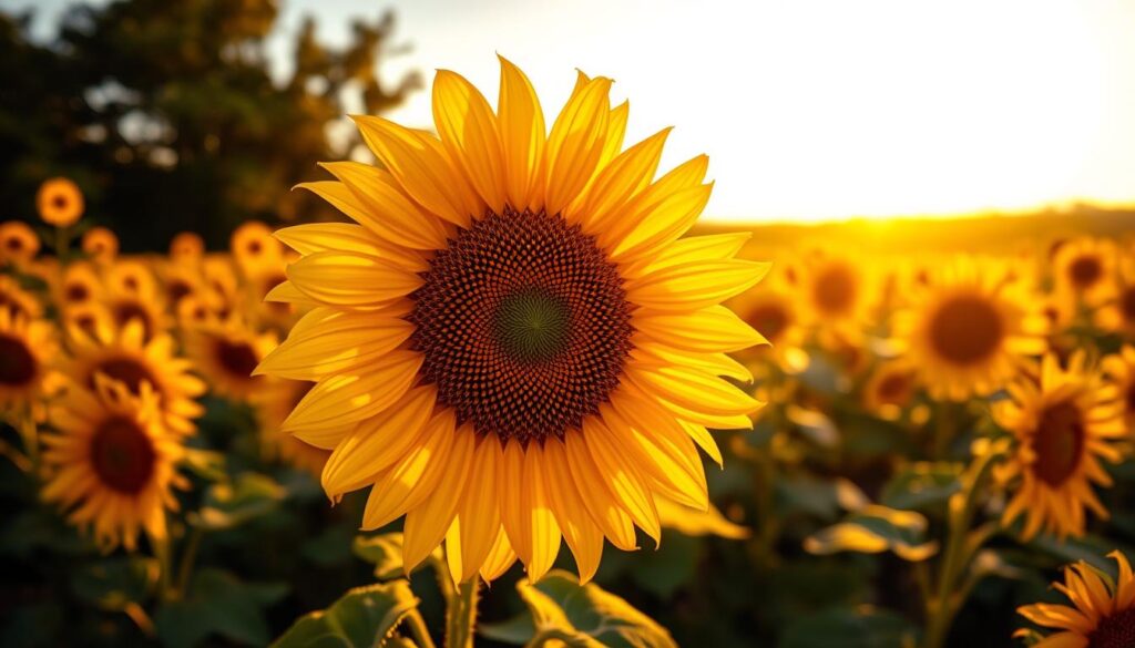 Vibrant sunflower field bathed in golden afternoon light, petals unfurling towards the sun. In the foreground, a single sunflower head, its center bursting with rows of plump, glistening seeds. The background softly blurred, hinting at a lush, verdant landscape. Gentle shadows cast by the flowers create a sense of depth and dimensionality. The mood is one of abundance, vitality, and the bounty of nature. Captured with a wide-angle lens to emphasize the scale and grandeur of the scene.