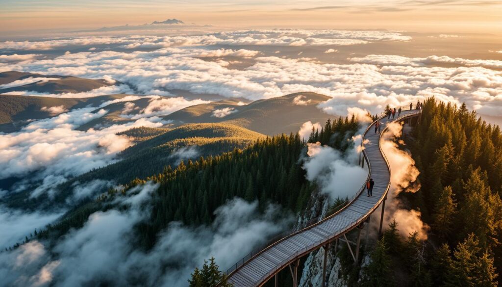 A breathtaking aerial view of the "Cloudwalk" attraction in the Czech Republic. In the foreground, a winding wooden walkway rises gracefully through fluffy white clouds, offering visitors a unique perspective on the lush, forested landscape below. The middle ground features rolling hills and pine-covered slopes, bathed in warm, golden sunlight. In the distant background, majestic snow-capped peaks pierce the horizon, creating a serene and awe-inspiring scene. The image is captured with a wide-angle lens, emphasizing the vastness and scale of the natural setting. The overall mood is one of tranquility, wonder, and a sense of being immersed in the beauty of the natural world.