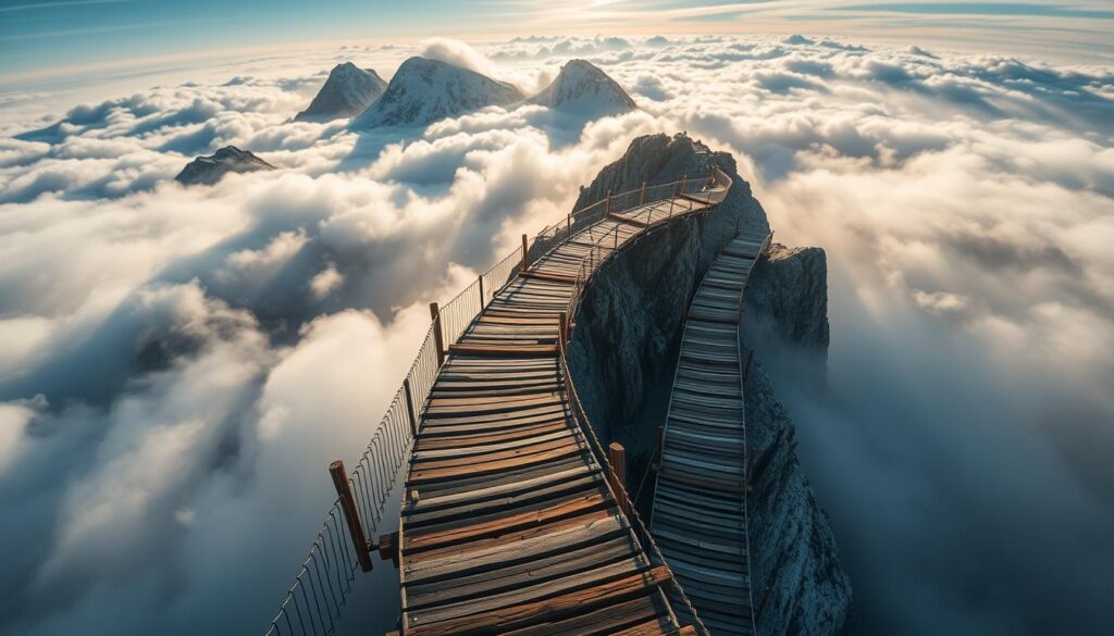A breathtaking bird's-eye view of a winding aerial walkway suspended amidst wispy clouds, weaving through the majestic peaks of the Tatra Mountains in Slovakia. Sunlight filters through the soft, ethereal mist, casting a warm, mystical glow over the scene. The sturdy, weathered wooden planks of the trail lead the eye onwards, inviting the viewer to embark on this enchanting journey high above the valleys below. Towering, snow-capped summits rise in the distance, their jagged silhouettes reflected in the tranquil pools along the pathway. An immersive, dreamlike atmosphere of serenity and wonder pervades the frame, capturing the essence of this truly unique and captivating "walk in the clouds".