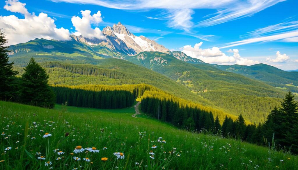 A breathtaking landscape in southern Poland: Myślenickie Zarabie and the majestic Chełm mountain. In the foreground, a lush green meadow dotted with wildflowers sways gently in the breeze. The middle ground reveals a winding path leading into a dense, verdant forest, its canopy casting dappled shadows across the scene. Towering above, the Chełm mountain dominates the background, its rugged, snow-capped peaks reaching towards the heavens. Warm, golden sunlight filters through wispy clouds, casting a serene and tranquil atmosphere over the entire vista. The overall scene evokes a sense of peaceful solitude, inviting the viewer to explore and immerse themselves in the natural beauty of this picturesque region.