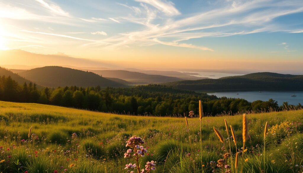 A breathtaking panorama of the Kashubian landscape, bathed in warm golden light filtering through wispy clouds. In the foreground, a lush meadow of wildflowers sways gently in the breeze, creating a tapestry of vibrant colors. Beyond, a dense forest of ancient oak and beech trees rises up, their canopies casting deep, moody shadows across the rolling hills. In the distance, a glimmering lake reflects the surrounding scenery, its still waters dotted with traditional Kashubian wooden boats. The overall scene exudes a sense of peaceful tranquility, inviting the viewer to immerse themselves in the unspoiled natural beauty of this captivating region. A breathtaking panorama of the Kashubian landscape, bathed in warm golden light filtering through wispy clouds. In the foreground, a lush meadow of wildflowers sways gently in the breeze, creating a tapestry of vibrant colors. Beyond, a dense forest of ancient oak and beech trees rises up, their canopies casting deep, moody shadows across the rolling hills. In the distance, a glimmering lake reflects the surrounding scenery, its still waters dotted with traditional Kashubian wooden boats. The overall scene exudes a sense of peaceful tranquility, inviting the viewer to immerse themselves in the unspoiled natural beauty of this captivating region.