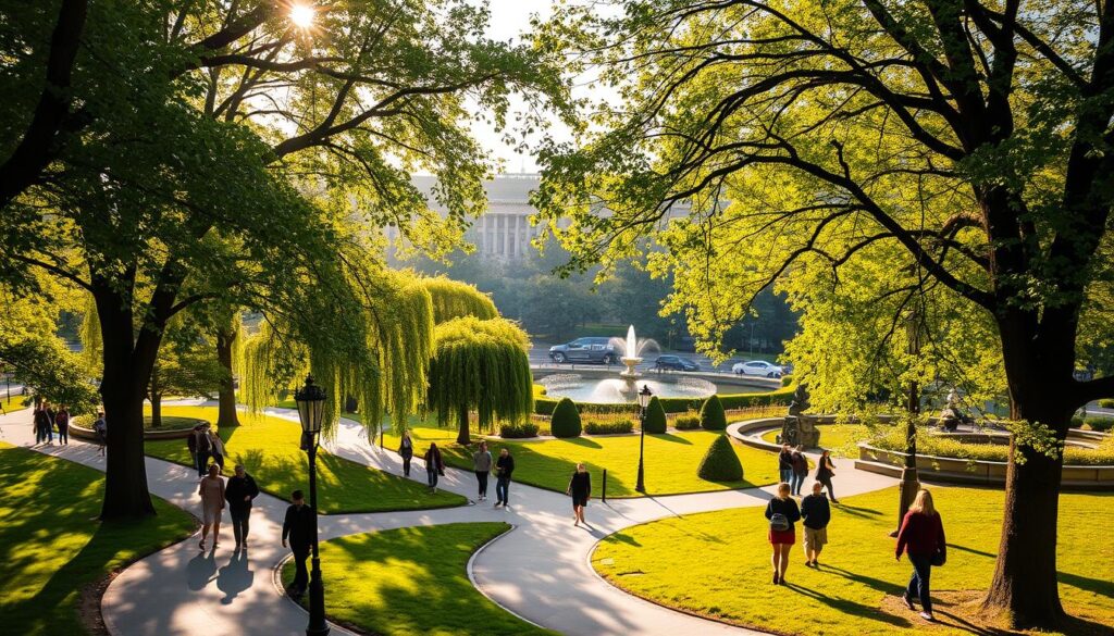 A bustling city park in Lodz, Poland, bathed in the warm glow of the afternoon sun. Lush, verdant trees line winding paths, their branches casting dappled shadows on the ground below. In the distance, a tranquil pond reflects the surrounding greenery, inviting visitors to pause and take in the serene atmosphere. People stroll leisurely, some stopping to admire the ornate gazebo or the ornamental fountain nearby. The scene exudes a sense of relaxation and rejuvenation, making it an ideal destination for a peaceful urban retreat.