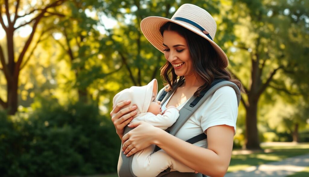 A cheerful, sun-dappled scene of a mother gently dressing her infant in a cozy summer outfit for a stroll through a tranquil park. The baby is swaddled in a lightweight, breathable onesie in a soft pastel shade, with a wide-brimmed sun hat to protect delicate skin. The mother's soothing expression radiates tenderness as she secures the infant into a comfortable, ergonomic carrier, ensuring a safe and comfortable journey. The lush, verdant foliage of the park provides a serene, natural backdrop, complemented by the warm, golden lighting that filters through the trees, creating a sense of warmth and contentment.