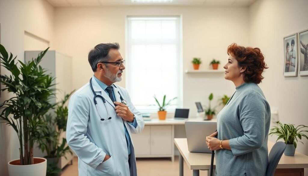 A cozy, well-lit medical office with a calming atmosphere. In the foreground, a doctor in a white coat examines a patient's chest using a stethoscope, their expression thoughtful and attentive. The middle ground features a desk with medical equipment and a laptop, suggesting the process of diagnosis and treatment. In the background, soothing pastel-colored walls and potted plants create a tranquil, inviting space. The lighting is soft and natural, emanating a sense of care and professionalism. The overall scene conveys the experience of receiving effective treatment for bronchitis in a warm, reassuring environment.