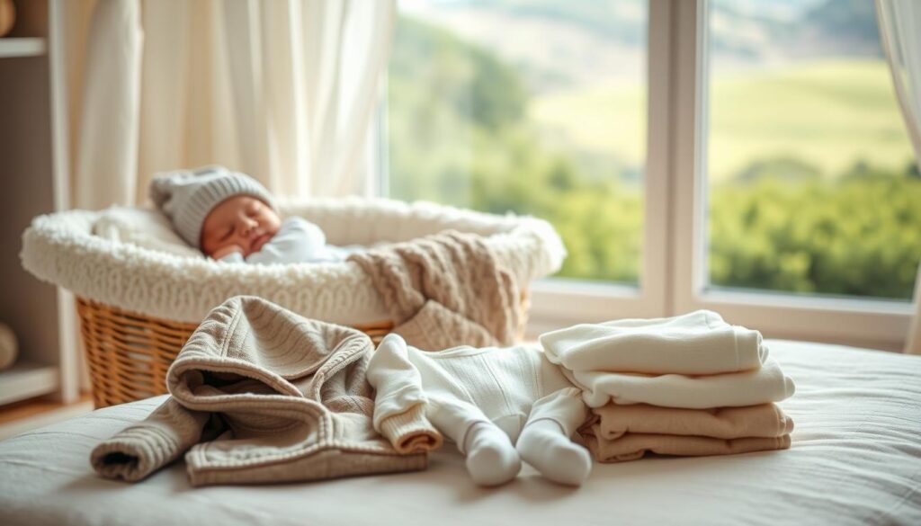 A cozy, well-lit nursery scene with a newborn baby resting peacefully in a soft, plush bassinet. The bassinet is outfitted with a warm, knitted blanket and a coordinating hat. In the foreground, an array of carefully selected infant clothing items are neatly folded and displayed, including a hooded fleece jacket, thermal bodysuit, and soft cotton socks. The background features a gentle, blurred landscape with lush greenery, hinting at the perfect weather for an outdoor stroll. The overall atmosphere conveys a sense of nurturing care and attention to detail, reflecting the importance of dressing a baby comfortably for a safe and enjoyable outdoor adventure.
