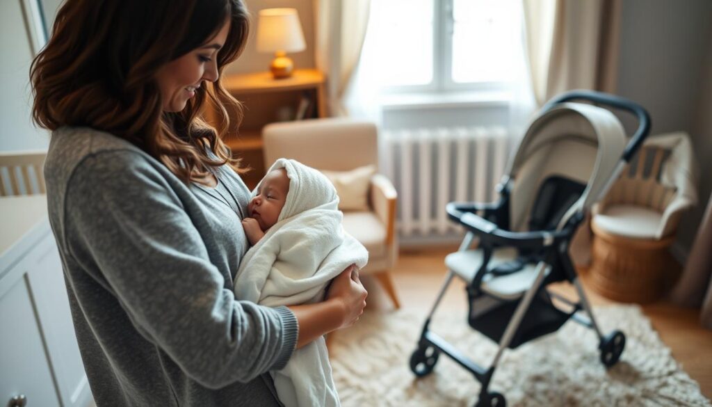 A cozy, well-lit nursery setting with a new mother carefully preparing for her baby's first outdoor adventure. In the foreground, the mother gently wraps the infant in a soft, warm blanket, ensuring their comfort and protection. In the middle ground, the stroller stands ready, its padded lining and safety harness conveying a sense of security. The background features a tasteful mix of natural textures, such as a wooden rocking chair and a plush rug, creating a soothing, nurturing atmosphere. Gentle lighting from a nearby window casts a warm, inviting glow, emphasizing the intimacy and care of this moment. The overall scene evokes a sense of anticipation and the excitement of a new chapter in the family's life.