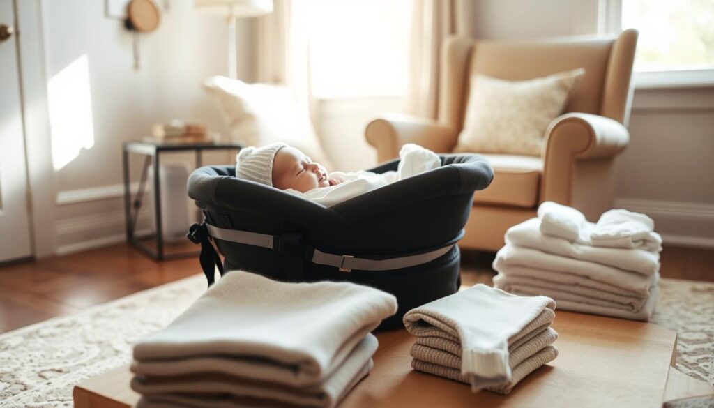 A cozy, well-lit room with a comfortable armchair. A newborn baby, swaddled in a soft blanket, lies in a padded carrier. Nearby, a stack of neatly folded baby clothes, including a warm hat, mittens, and a snug onesie. The room is bathed in a warm, natural light, creating a serene atmosphere. The camera angle is slightly elevated, capturing the scene from an eye-level perspective, emphasizing the delicate care and attention required when dressing a newborn for their first outdoor adventure. The focus is on the carrier and the baby, with the surrounding details providing context and a sense of preparedness.