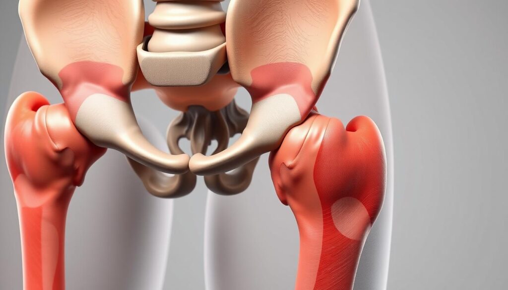 A detailed, anatomical cross-section illustration of the hip joint, showcasing the key structures and elements involved in hip joint degeneration. Rendered in a realistic, scientific style with muted colors and a clean, technical aesthetic. The image should clearly depict the hip joint bones, cartilage, ligaments, and surrounding musculature, highlighting the areas prone to wear and tear that can lead to osteoarthritis. Lighting should be neutral and evenly distributed to provide optimal visibility of the anatomical features. The angle should be slightly elevated to provide a clear, informative view of the joint structure. Overall, the image should convey a sense of clinical objectivity and educational purpose, suitable for inclusion in a medical publication.