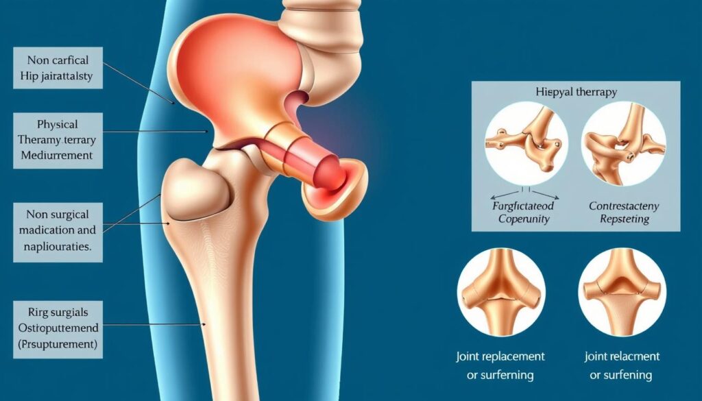 A detailed, clinical illustration of the hip joint, showcasing the various stages and methods of treating hip osteoarthritis. The image should depict the hip joint in cross-section, highlighting the affected cartilage, bone, and surrounding structures. Clearly display non-surgical treatment options, such as physical therapy, medication, and lifestyle modifications, as well as surgical interventions like joint replacement or resurfacing. Render the scene with crisp, high-resolution medical-style illustrations, using a cool, neutral color palette to convey a sense of professionalism and authority. Ensure the composition is balanced and the details are legible, creating a valuable educational resource for the article.