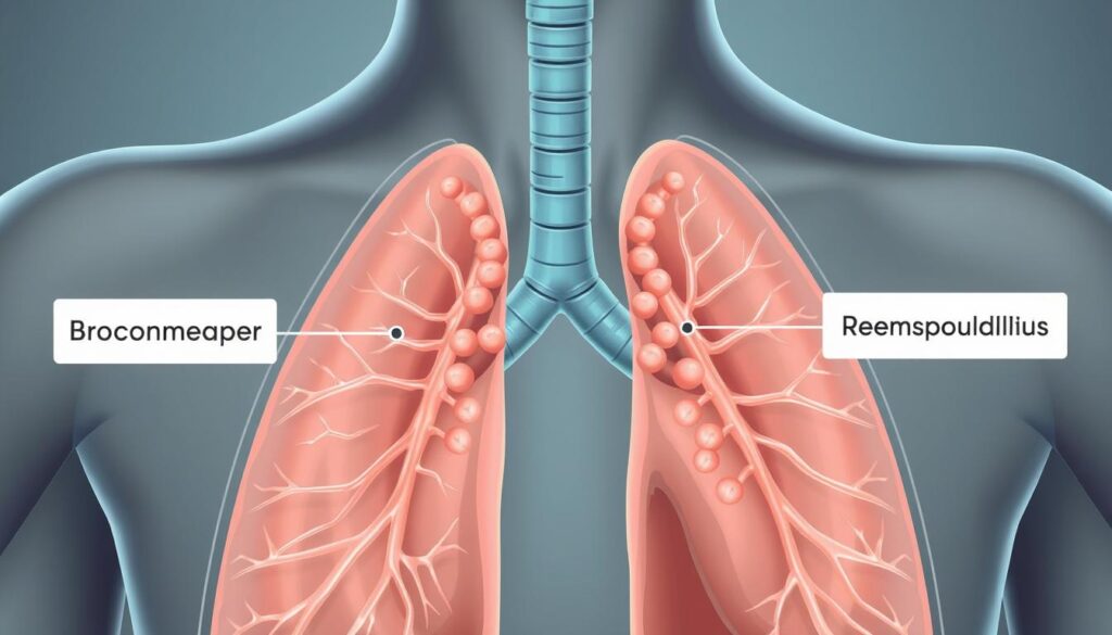 A detailed close-up illustration of the human respiratory system, highlighting the bronchi and bronchioles. The image shows the inflamed, swollen airways with excess mucus production, a key characteristic of bronchitis. The scene is rendered in a medical diagram style, using a muted color palette of grays, blues, and greens to convey the clinical nature of the subject. The lighting is soft and diffused, emphasizing the anatomical structures. The composition places the affected airways in the center, with supporting labels or callouts to explain the pathological changes. The overall mood is educational and informative, suitable for a medical article on the causes of bronchitis.
