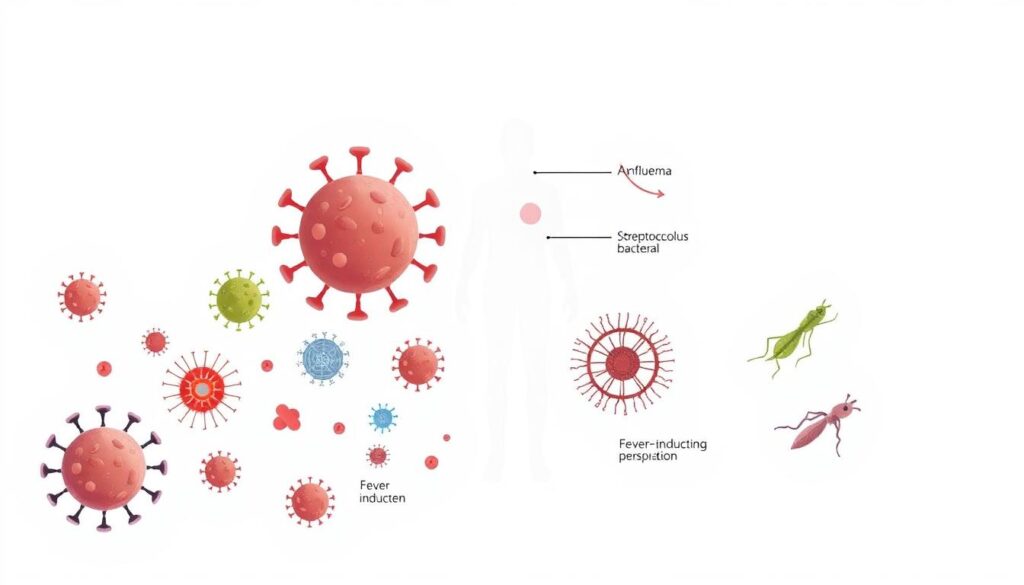 A detailed medical illustration depicting the common causes of fever, presented in a clean, minimalist style. The foreground showcases various viral and bacterial pathogens, such as influenza viruses, streptococcus bacteria, and fever-inducing parasites, rendered with scientific accuracy. The middle ground features a simplified human body silhouette, highlighting the physiological response to infection, including flushed skin, increased heart rate, and perspiration. The background maintains a neutral, muted color palette, allowing the key elements to take center stage. Soft, diffused lighting illuminates the scene, creating a sense of clinical objectivity. The overall composition conveys a comprehensive understanding of the underlying mechanisms behind the onset of fever, suitable for educational and informative purposes.