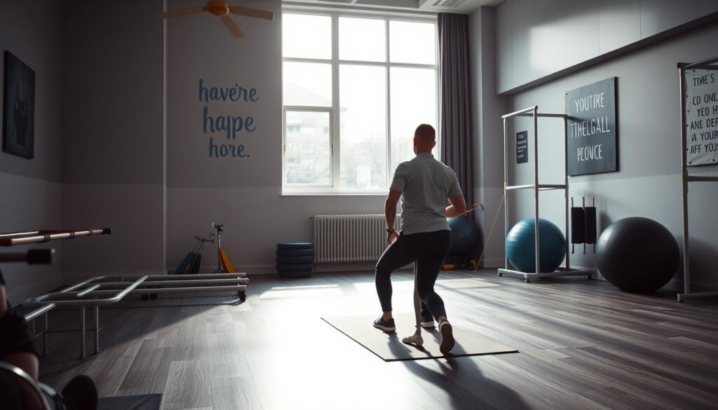 A dimly lit physical therapy clinic, with a patient performing exercises on a mat surrounded by various rehabilitation equipment. In the foreground, a physical therapist guides the patient through gentle hip movements, offering encouragement. In the middle ground, parallel bars and an exercise ball suggest the progression of the rehabilitation process. The background features motivational wall art and a large window, allowing natural light to filter in, conveying a sense of hope and recovery. The scene is captured with a soft, cinematic lens, emphasizing the care and attention given to the patient's rehabilitation journey after a hip operation.