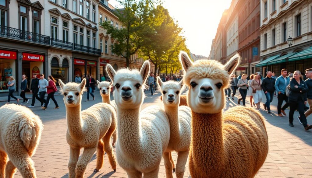 A group of adorable alpacas strolling through a bustling city square in Warsaw, Poland. The fluffy, woolly creatures graze peacefully, contrasting with the vibrant urban backdrop of historic buildings, colorful storefronts, and pedestrians going about their day. Warm, afternoon sunlight filters through the trees, casting a golden glow over the scene. The alpacas' inquisitive expressions invite visitors to come closer and engage with these friendly, photogenic animals - a delightful and unexpected attraction in the heart of the capital city.