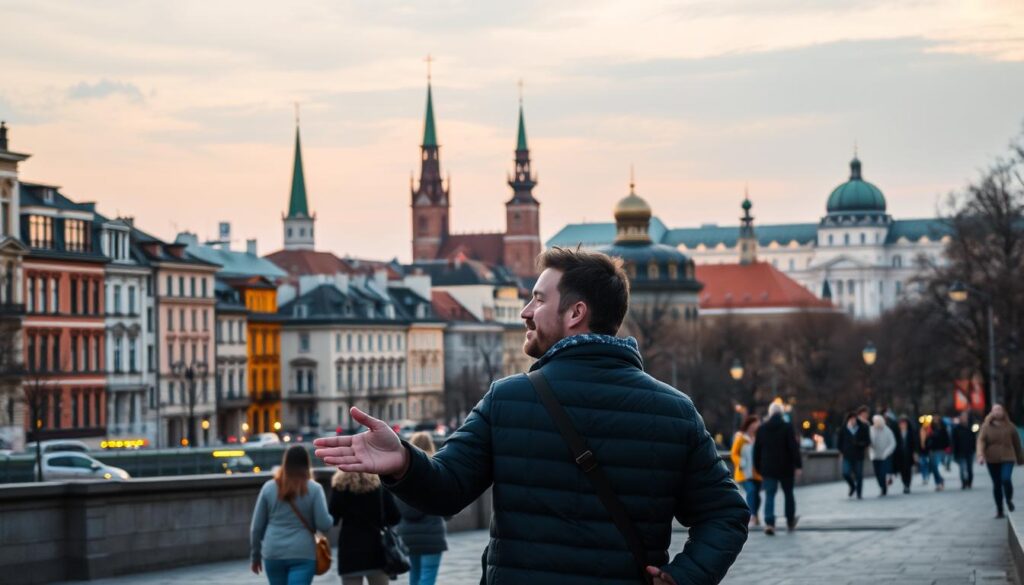 A guided walking tour through the vibrant streets of Warsaw, showcasing the city's rich architectural heritage and bustling urban life. In the foreground, a knowledgeable local guide leads a small group of visitors, gesturing towards the iconic landmarks that dot the cityscape. The middle ground features a blend of modern and historical buildings, their facades bathed in warm, diffused lighting that creates a sense of timelessness. In the background, the skyline is punctuated by the towering spires of churches and the distinctive silhouette of the Palace of Culture and Science, all set against a softly hued sky. The overall scene conveys a sense of discovery and immersion, inviting the viewer to explore the hidden gems and vibrant culture of Warsaw through the eyes of a seasoned guide.