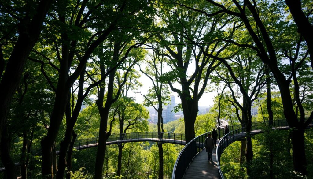 A lush, verdant canopy of towering trees in Warsaw's urban landscape, sunlight filtering through the branches, creating a warm, dappled glow. Visitors stroll along a winding wooden walkway, elevated above the forest floor, immersed in the tranquil, natural ambiance. The intricate network of trunks and foliage frames the cityscape in the distance, a harmonious blend of nature and architecture. Soft, diffused lighting illuminates the scene, capturing the serene, almost ethereal atmosphere of this unique green oasis in the heart of the city. A lush, verdant canopy of towering trees in Warsaw's urban landscape, sunlight filtering through the branches, creating a warm, dappled glow. Visitors stroll along a winding wooden walkway, elevated above the forest floor, immersed in the tranquil, natural ambiance. The intricate network of trunks and foliage frames the cityscape in the distance, a harmonious blend of nature and architecture. Soft, diffused lighting illuminates the scene, capturing the serene, almost ethereal atmosphere of this unique green oasis in the heart of the city.
