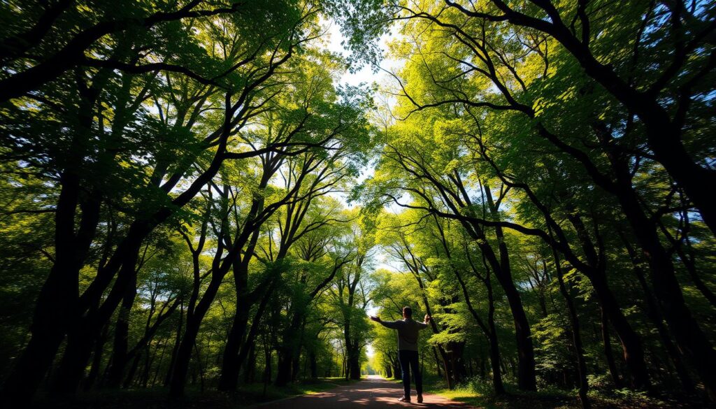 A lush, verdant forest canopy, dappled with warm sunlight filtering through the emerald leaves. In the foreground, a lone figure stands in awe, gazing up at the towering trees, their branches reaching skyward like outstretched arms. The middle ground reveals a winding path, inviting visitors to explore this serene, natural sanctuary. In the background, the distant sound of birdsong and rustling foliage creates a soothing, tranquil atmosphere. Crisp, high-resolution, cinematic perspective, realistic lighting, and a sense of peaceful solitude.