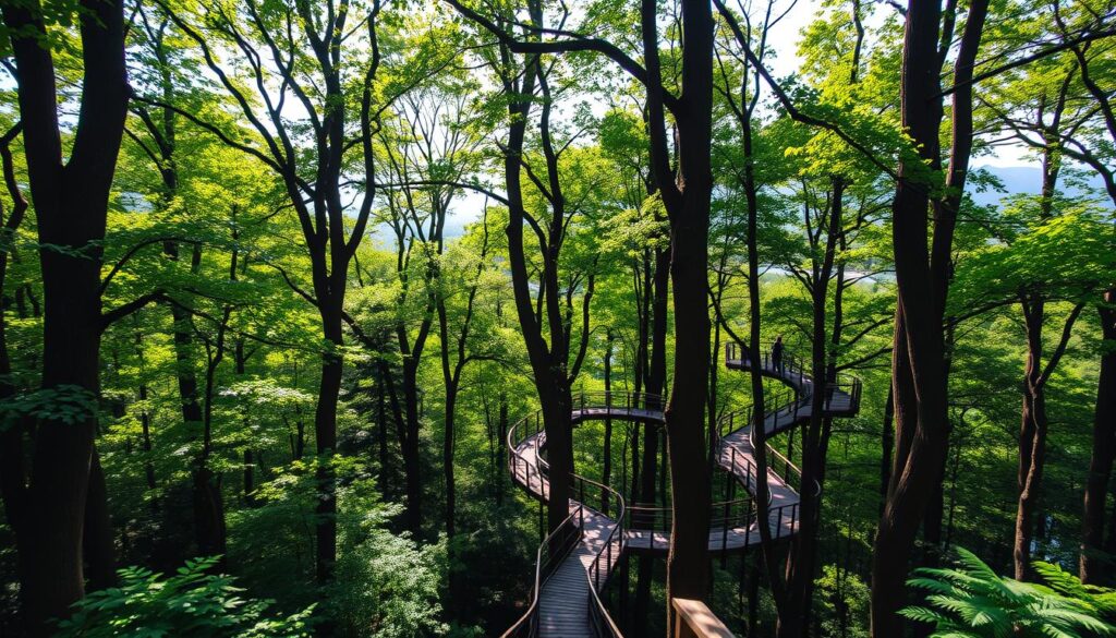 A lush, verdant forest in Szczawnica, Poland, with towering trees and a winding path leading through the canopy. Sunlight filters through the leaves, casting a warm, natural glow over the scene. In the foreground, a series of wooden walkways and viewing platforms offer visitors a unique perspective, allowing them to explore the treetops and take in the stunning views of the Pieniny Mountains in the distance. The overall atmosphere is one of tranquility and adventure, inviting the viewer to immerse themselves in the beauty of this natural wonder. A lush, verdant forest in Szczawnica, Poland, with towering trees and a winding path leading through the canopy. Sunlight filters through the leaves, casting a warm, natural glow over the scene. In the foreground, a series of wooden walkways and viewing platforms offer visitors a unique perspective, allowing them to explore the treetops and take in the stunning views of the Pieniny Mountains in the distance. The overall atmosphere is one of tranquility and adventure, inviting the viewer to immerse themselves in the beauty of this natural wonder.