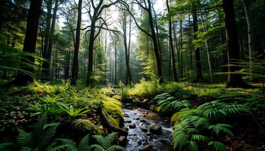 A lush, verdant forest in the heart of Poland, sunlight filtering through the dense canopy of towering oak, pine, and birch trees. The ground is carpeted with a mosaic of ferns, wildflowers, and fallen leaves, creating a serene, natural ambiance. In the foreground, a babbling brook winds its way through the undergrowth, its gentle sounds adding to the tranquil atmosphere. Deeper into the forest, the trees grow thicker, their branches intertwining to form a natural cathedral-like structure. Birds chirp and flutter among the leaves, while small woodland creatures scamper across the forest floor. The overall scene conveys the rich biodiversity and the restorative, calming power of Poland's lush, pristine forests.