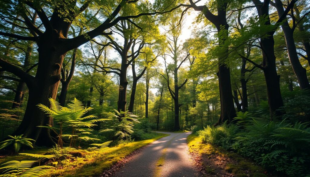 A lush, verdant forest with towering oak and birch trees, their branches reaching up towards the sky. Sunlight filters through the canopy, casting a warm, golden glow on the mossy ground below. In the foreground, a winding path invites visitors to explore, surrounded by vibrant ferns, wildflowers, and the rustling of leaves. The scene exudes a sense of tranquility and wonder, capturing the natural beauty that awaits in the heart of Warsaw. Capture this enchanting natural sanctuary with a wide-angle lens, preserving the majestic scale of the ancient trees and the peaceful serenity of the forest floor. A lush, verdant forest with towering oak and birch trees, their branches reaching up towards the sky. Sunlight filters through the canopy, casting a warm, golden glow on the mossy ground below. In the foreground, a winding path invites visitors to explore, surrounded by vibrant ferns, wildflowers, and the rustling of leaves. The scene exudes a sense of tranquility and wonder, capturing the natural beauty that awaits in the heart of Warsaw. Capture this enchanting natural sanctuary with a wide-angle lens, preserving the majestic scale of the ancient trees and the peaceful serenity of the forest floor.