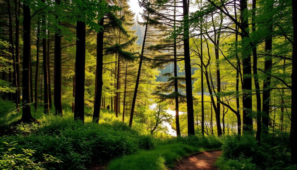 A lush, verdant forest with towering trees and a tranquil, meandering stream cutting through the landscape. Soft, diffused sunlight filters through the canopy, casting a warm, golden glow over the scene. In the foreground, a path winds through the undergrowth, inviting the viewer to explore the serene natural wonders of Morysin Nature Reserve. Towering pine and deciduous trees form the middle ground, their branches swaying gently in a light breeze. In the distance, a glimpse of a peaceful pond reflects the surrounding foliage, creating a sense of harmony and balance. The overall atmosphere is one of quiet contemplation, a hidden oasis of natural beauty on the outskirts of Warsaw.