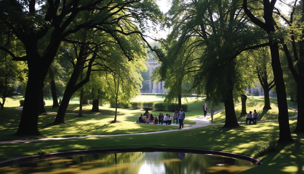 A lush, verdant oasis in the heart of Lublin, Park Ludowy invites visitors to immerse themselves in its serene ambiance. Capture the tranquil scene as sunlight filters through the towering trees, casting gentle shadows on the winding paths below. In the foreground, a picturesque pond reflects the surrounding foliage, while in the middle ground, families and friends gather on the grassy lawns, enjoying a moment of respite from the bustling city. In the background, the soft outlines of historic buildings and structures add a touch of architectural charm to the serene setting. The overall atmosphere evokes a sense of peaceful relaxation, making Park Ludowy an idyllic destination for a leisurely stroll or a rejuvenating break. A lush, verdant oasis in the heart of Lublin, Park Ludowy invites visitors to immerse themselves in its serene ambiance. Capture the tranquil scene as sunlight filters through the towering trees, casting gentle shadows on the winding paths below. In the foreground, a picturesque pond reflects the surrounding foliage, while in the middle ground, families and friends gather on the grassy lawns, enjoying a moment of respite from the bustling city. In the background, the soft outlines of historic buildings and structures add a touch of architectural charm to the serene setting. The overall atmosphere evokes a sense of peaceful relaxation, making Park Ludowy an idyllic destination for a leisurely stroll or a rejuvenating break.