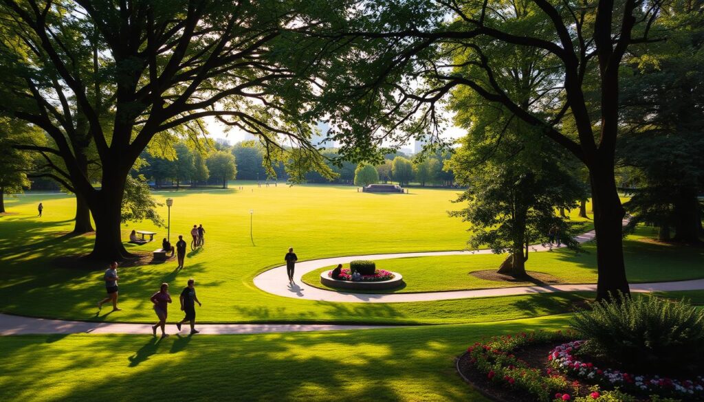 A lush, verdant park in Szczecin, Poland, known as Jasne Błonia, stretches out before the viewer. Sunlight filters through the canopy of mature trees, casting a warm, golden glow over the open grassy expanse. In the foreground, people stroll along winding paths, enjoying the tranquil atmosphere and ample space for recreation. Joggers and cyclists weave through the scene, while others recline on benches or picnic blankets, soaking in the peaceful ambiance. The middle ground reveals well-maintained flowerbeds and ornamental shrubbery, adding pops of vibrant color to the serene landscape. In the distance, the skyline of Szczecin's city center can be glimpsed, a subtle reminder of the urban setting that surrounds this verdant oasis of relaxation and rejuvenation.