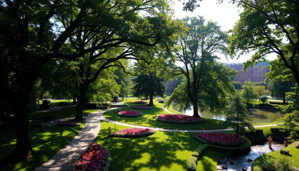 A lush, verdant park in the heart of Wrocław, Poland. Towering trees cast dappled shadows on the winding paths below, inviting visitors to stroll leisurely through the serene landscape. Vibrant flower beds burst with color, complementing the tranquil ponds and gently flowing streams. In the distance, historic architecture and modern buildings create a picturesque skyline, blending the old and new. Soft, diffused sunlight filters through the canopy, illuminating the peaceful scene and creating a warm, inviting atmosphere. This urban oasis offers a true respite from the bustling city, making it an ideal destination for a relaxing, restorative walk.