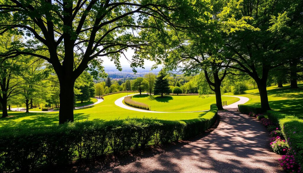 A lush, verdant park setting with winding, well-maintained walking paths meandering through the landscape. Dappled sunlight filters through the canopy of mature trees, casting a warm, inviting glow over the scene. In the foreground, a gravel path leads the eye deeper into the tranquil environment, flanked by neatly trimmed hedges and vibrant flower beds. Gentle slopes in the middle ground offer varied terrain for leisurely strolls, while the background features a scenic vista of rolling hills or a distant skyline. An atmosphere of relaxation and outdoor serenity pervades the image, beckoning the viewer to explore the serene, restorative walking trails. A lush, verdant park setting with winding, well-maintained walking paths meandering through the landscape. Dappled sunlight filters through the canopy of mature trees, casting a warm, inviting glow over the scene. In the foreground, a gravel path leads the eye deeper into the tranquil environment, flanked by neatly trimmed hedges and vibrant flower beds. Gentle slopes in the middle ground offer varied terrain for leisurely strolls, while the background features a scenic vista of rolling hills or a distant skyline. An atmosphere of relaxation and outdoor serenity pervades the image, beckoning the viewer to explore the serene, restorative walking trails.