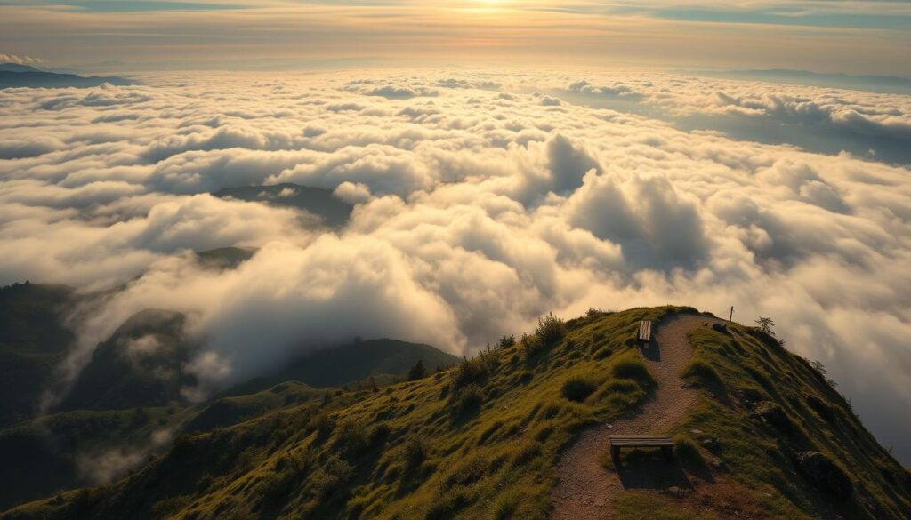 A majestic mountain trail winding through the clouds, surrounded by the breathtaking landscapes of Slovakia. In the foreground, a picturesque path carved into the hillside, lined with lush vegetation and dotted with occasional wooden benches. The middle ground reveals a panoramic vista of rolling hills and distant peaks, their silhouettes shrouded in wispy, ethereal mist. The background is dominated by a vast, ethereal sea of clouds, their billowing forms casting ever-changing shadows across the terrain. Warm, golden sunlight filters through the haze, creating a sense of serene tranquility. The scene is captured with a wide-angle lens, emphasizing the grandeur and scale of the mountainous setting.