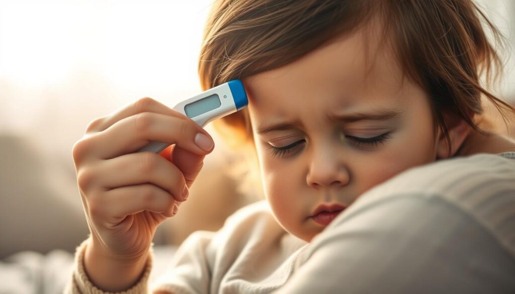A mother gently holds a thermometer to her young child's forehead, her expression concerned yet caring. The soft, warm lighting illuminates the intimate scene, capturing the tenderness of a parent's touch. The child's features are rendered in delicate detail, their eyes closed as they submit to the temperature check. The background fades into a blurred, comforting domestic setting, allowing the viewer's focus to remain on the central act of parental care.