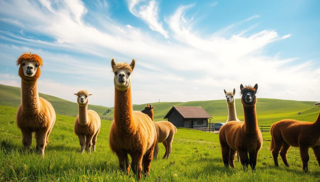 A pastoral scene of alpacas grazing in a lush, rolling Polish meadow. In the foreground, a group of fluffy, caramel-colored alpacas stand peacefully, their long necks and curious expressions conveying a sense of gentle wonder. The middle ground reveals a traditional Polish farmhouse, its rustic wooden structure and red-tiled roof nestled amidst a backdrop of verdant hills and a bright, azure sky. Wispy clouds drift overhead, casting soft, diffused light that illuminates the scene with a warm, golden glow. The composition evokes a timeless, idyllic atmosphere, capturing the harmonious integration of these remarkable South American camelids into the Polish countryside. A pastoral scene of alpacas grazing in a lush, rolling Polish meadow. In the foreground, a group of fluffy, caramel-colored alpacas stand peacefully, their long necks and curious expressions conveying a sense of gentle wonder. The middle ground reveals a traditional Polish farmhouse, its rustic wooden structure and red-tiled roof nestled amidst a backdrop of verdant hills and a bright, azure sky. Wispy clouds drift overhead, casting soft, diffused light that illuminates the scene with a warm, golden glow. The composition evokes a timeless, idyllic atmosphere, capturing the harmonious integration of these remarkable South American camelids into the Polish countryside.